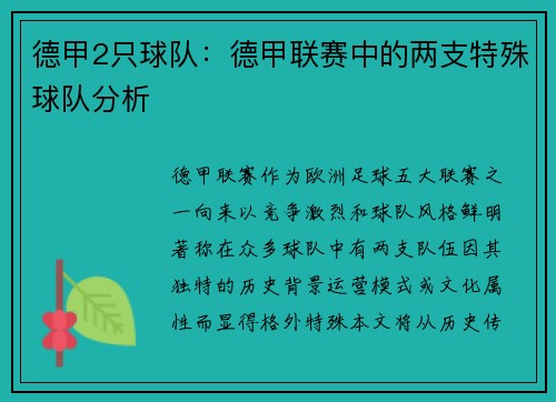德甲2只球队：德甲联赛中的两支特殊球队分析