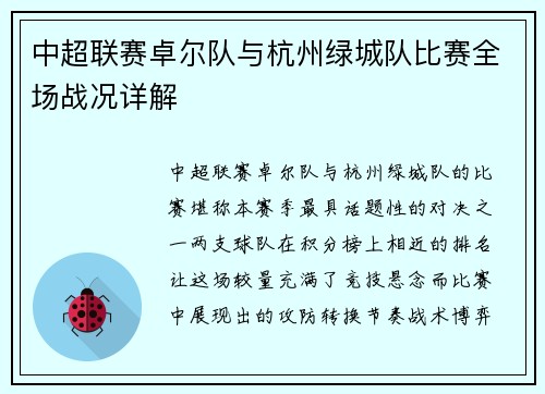 中超联赛卓尔队与杭州绿城队比赛全场战况详解